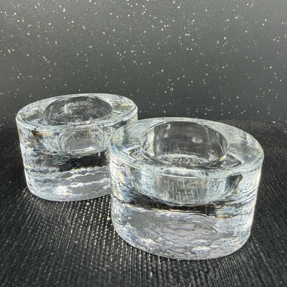 Sweden Textured Clear Ice Glass Votive Tealight Candle Holders Set of 2 Round